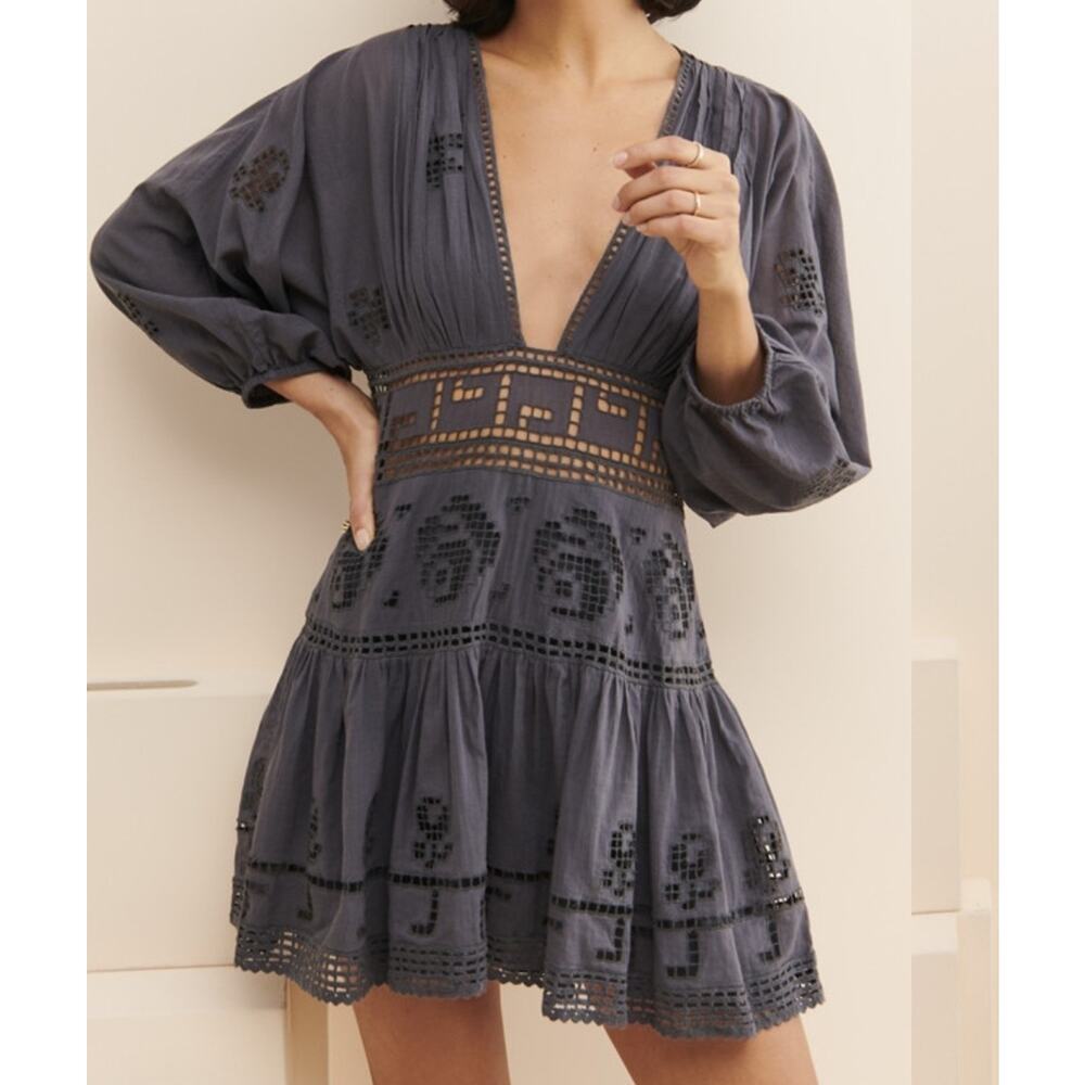 Free People Gray Boho Mini Dress M-L Crochet Lace Cutout Plunge Peasant Tunic - Picture 2 of 5